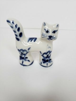 Vintage Gzhel Russian Porcelain Blue & White Cat Figurine