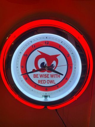 Red Owl Grocery Store Diner Kitchen Bar Man Cave Red Neon Clock Sign