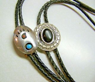 Pair Vintage Bolo Ties Southwestern Style W/ Turquoise And Black Stone