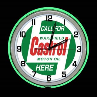 19 " Castrol Motor Oil Green Double Neon Clock Garage Auto Shop Decor
