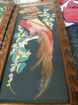 Pair Vintage Mexican Feather Craft Bird Painted Picture Hand Carved Wood Frame