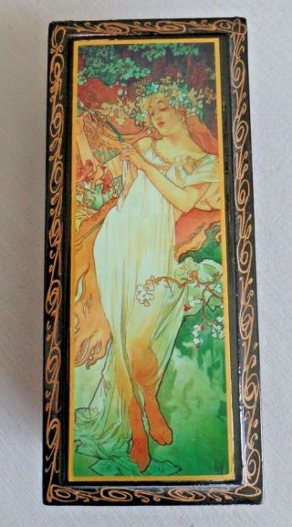 Vtg Russian Black Lacquered Painted Folk Lore " Spring " Fairy Tale Trinket Box