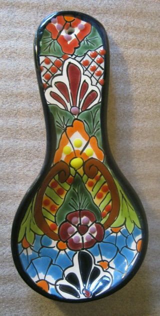 Authentic Mexican Ulises Puebla Folk Art Talavera Pottery Spoon Rest Hand Painte