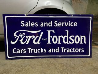 Ford And Fordson Sales And Service Porcelain Enamel Double Sided Sign