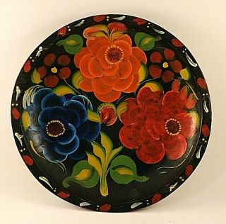 Vintage Mexican Plate Platter Folk Art Flowers Wood Toleware Hand Painted 10 3/4