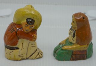 Vintage Mexican Folk Art Pottery Salt & Pepper Shakers,  Man,  Woman,  Redware