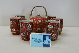 Viking Japan Red Hand Painted Tea Set W/ Teapot,  6 Handleless Tea Cups