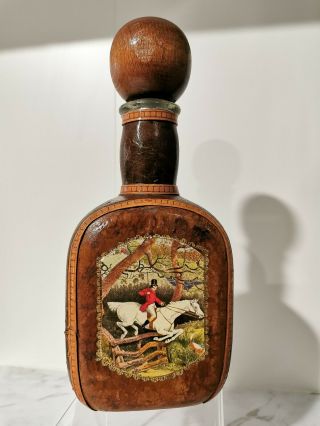 Vintage Leather Wrapped Liquor Bottle Decanter Fox Hunt Equestrian Horse Italy