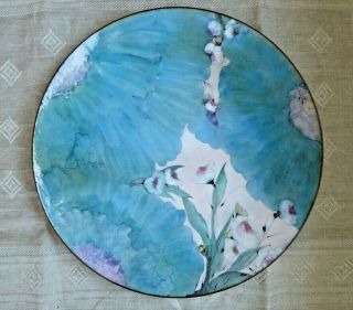 Vtg 11 " Art Enamel Copper Plate Signed Lilyan Bachrach Flowers Turquoise Blue