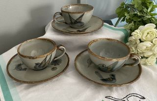 (3) Vintage Tonala Coffee Tea Cup Saucer Set Ken Edwards Blue Bird Mexico