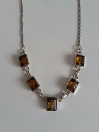 Vintage Sterling Silver Necklace With 5 Amber Design