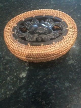 Vintage Handwoven Basket W/lid,  Inset Carved Wooden Frog Top/ Indonesia