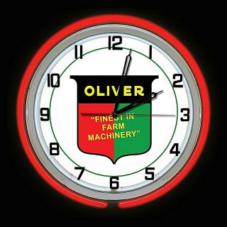 19 " Oliver Tractor Farm Machinery Sign Red Double Neon Wall Clock Man Cave