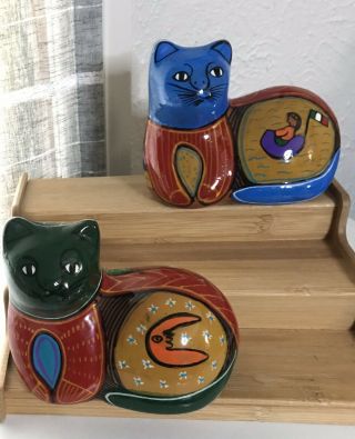 2 Vintage Mexican Blue & Green Pottery Folk Art Cats Figurines Hand Painted Clay