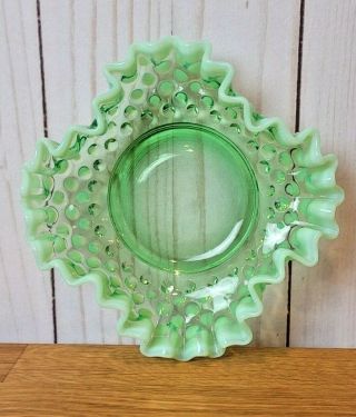 Vintage Fenton Green Pastel Clear Art Glass Hobnail Ruffled Bowl Ashtray 5 " Dish