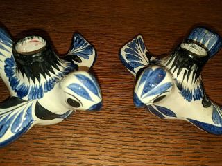 Vintage Mexican Pottery Folk Art Ceramic Bird Blue Floral Mexico Candle Holders 2