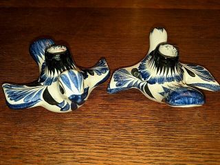 Vintage Mexican Pottery Folk Art Ceramic Bird Blue Floral Mexico Candle Holders 3