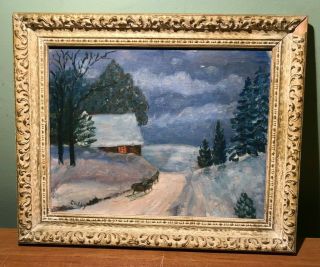 Vintage Signed Colby Oil On Board Winter Scene Painting W Cottage & Horse Sleigh