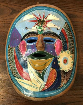 Vintage Mexican Aztec Mayan Mask Clay Pottery Hand Painted Folk Art Wall Hanging