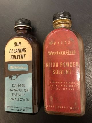 (2) Vintage Wards Western Field Gun Cleaning Nitro Solvent Bottles No Oil Tins