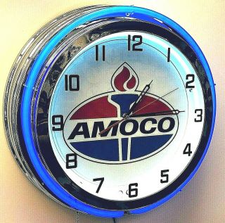 19 " Amoco Oil Gas Vintage Logo Sign Double Neon Clock Blue Neon Chrome Finish