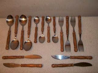 Vtg 16 Pc Flatware Set Old Homestead Wood Handle Stainless Taiwan Service For 4
