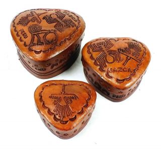 Vintage Peru Nazca Hand Tooled Leather Heart Nesting Trinket Keepsake Boxes Trio
