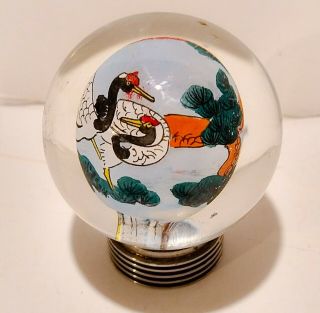 Asian Chinese Reverse Hand Painted Glass Sphere Globe Paperweight Cranes 1 1/2 