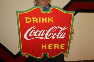 Drink Coca Cola Here Soda Pop Gas Station 2 Sided 20 " Porcelain Metal Sign