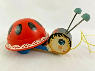 Vintage 1961 Fisher Price Pull Toy Ladybug 658 Wood Plastic Shell