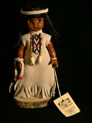 Vintage 7 " American Indian Girl Doll Leather Dress Beads Wood Stand