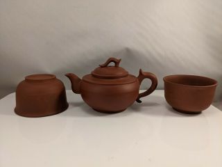 Vintage Chinese Yixing Red Clay Ceramic Teapot Set W/ 2 Cups China