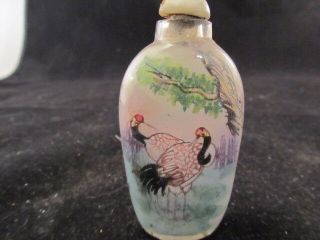 Reverse Hand Painted Asian Snuff Or Scent Bottle With Cranes On Both Sides