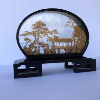 Vintage San You Chinese Cork Art Diorama 6.  5” X 8” Black Lacquered Frame