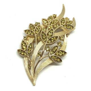 Vintage Crown Trifari Rhinestone Brooch Floral Brushed Gold Tone Signed
