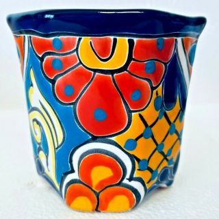 Talavera Mexican Planter Octagon Ceramic Flower Pot Pottery Folk Art