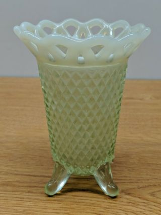 Vintage Fenton Green Vaseline Opalescent Diamond Lace Rim Footed Vase