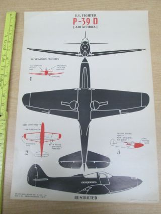 Vtg 7/42 Wwii Recognition Id Aircraft Poster U.  S.  Fighter P - 39d Airacobra 20 "