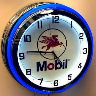 19 " Mobil Gas And Oil Sign Double Neon Clock Blue Neon Chrome Finish