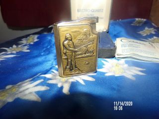 Vintage Colibri Gold Tone Electro - Quartz Pocket Lighter " Fishing Man " Motif