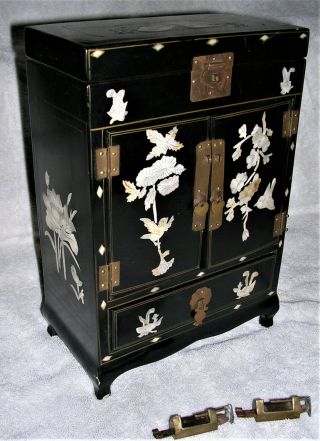 Oriental Black Lacquer White Inlay Hinged W/ Drawer & Twin Bar Locks Jewelry Box