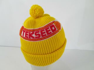 Vintage Tekseed Seed Corn Knit Stocking Hat Cap Pom Pom Yellow Farmer