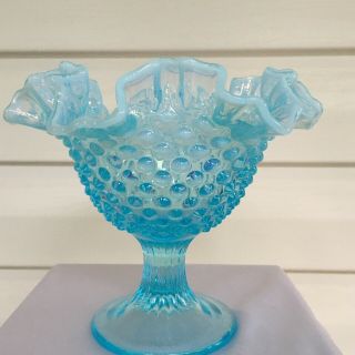 Vintage Fenton Blue Opalescent Glass Hobnail Compote /candy Dish