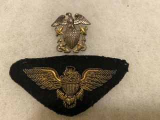 2 Wwii U.  S.  Navy Usn Pilot Aviator Bullion Pilot Wings & Cap Hat Sterling Badge