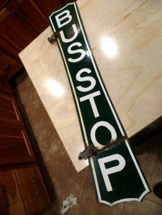 Vintage Green & White Double Sided Porcelain Bus Stop Sign With Hangers