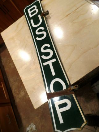VINTAGE GREEN & WHITE DOUBLE SIDED PORCELAIN BUS STOP SIGN WITH HANGERS 2