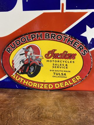 Vintage 47  Indian Motorcycl  Gas & Oil Pump Plate 16.  5x11 Inch Porcelain Sign