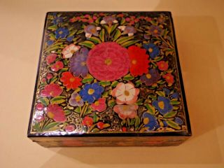 Vintage Floral And Painted Lacquered Wood Box Kashmir,  India - Label 5x5 " X 1.  5 "