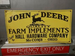 John Deere Quality Farm Implements Embossed Metal Sign Hall Hardware Mccomb Oh