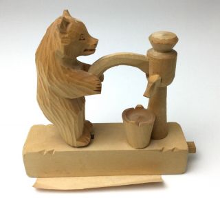 Vintage Russian Hand Carved Folkart Wood Bear Pumping Water Articulated Toy